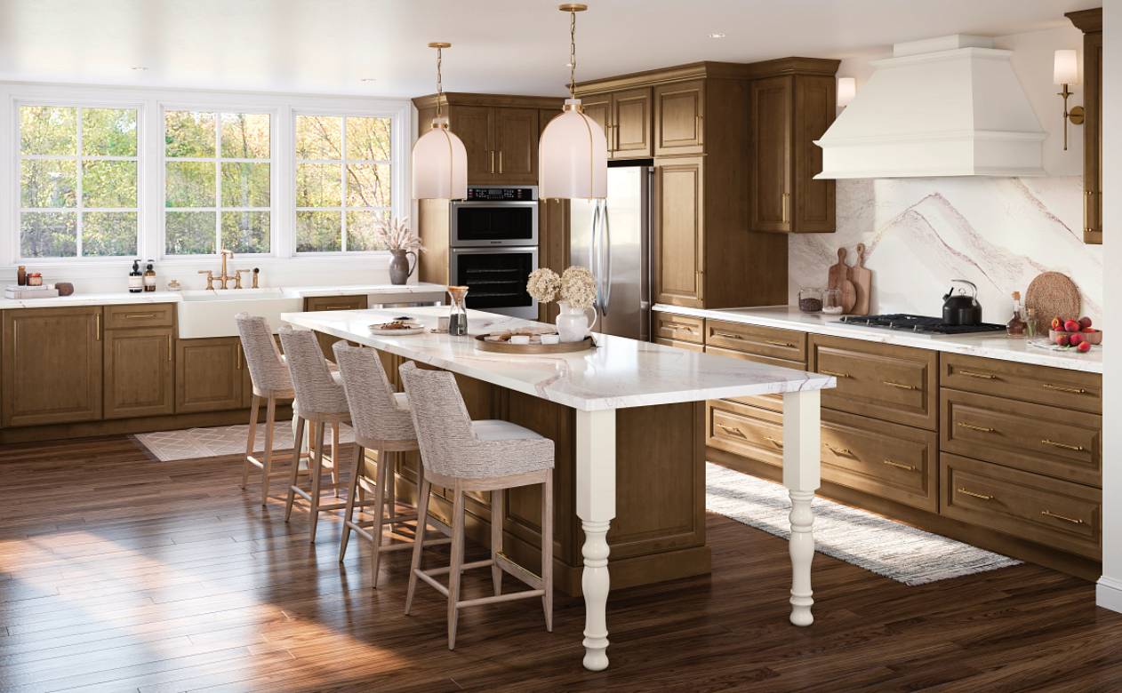 Kitchen with natural cabinetry and extended countertop