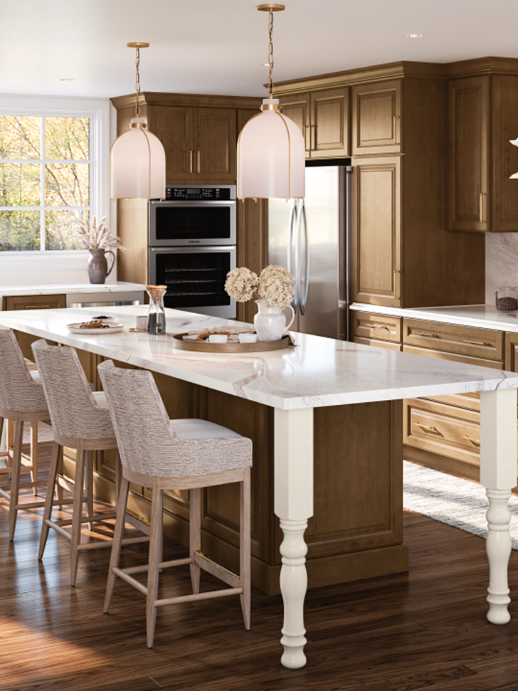 Kitchen with natural cabinetry and extended countertop