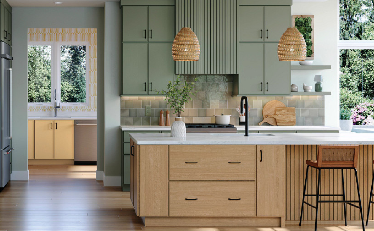 gray tile backsplash in a kitchen with green and natural cabinetry