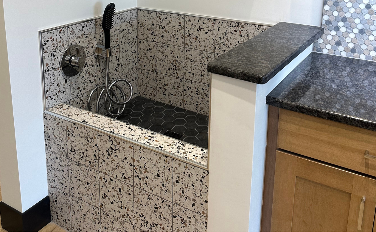 Custom tiled dog bath display at Kiba Studios in Vernon, CT