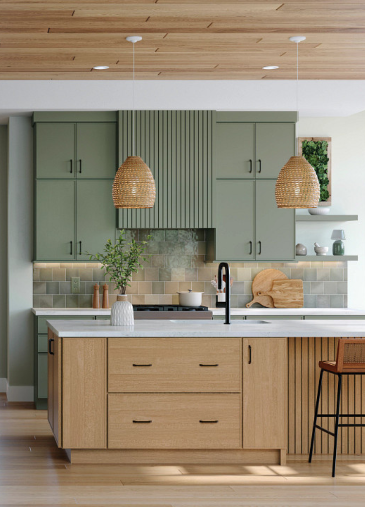 gray tile backsplash in a kitchen with green and natural cabinetry