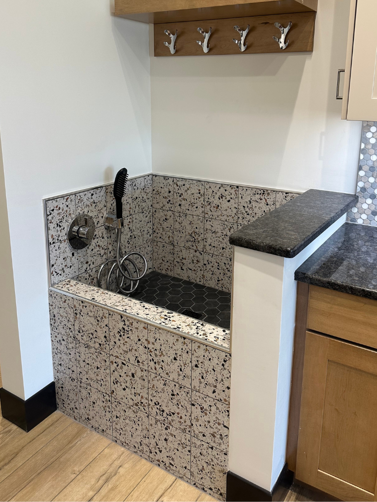 Custom tiled dog bath display at Kiba Studios in Vernon, CT