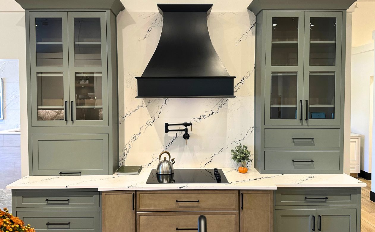 brown and green kitchen cabinetry