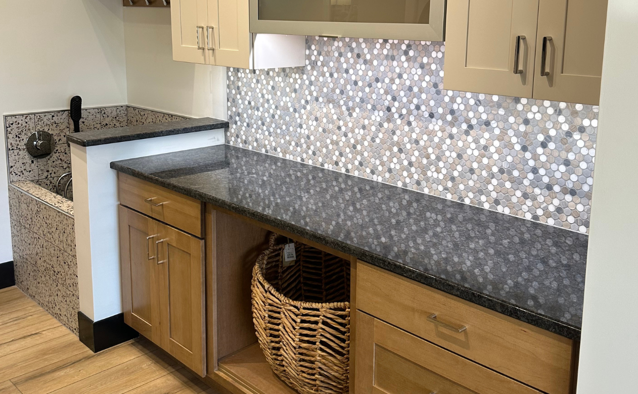 Custom wood cabinetry in a dog spa display at Kiba Studios in Vernon,CT