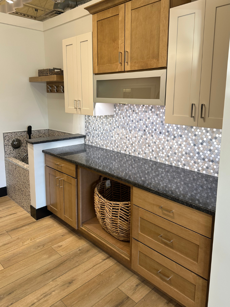 custom black countertops in a dog spa display at Kiba Studios in Vernon, CT