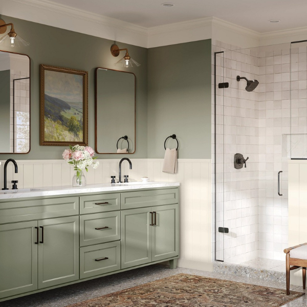 Blue cabinetry in a bathroom with walk-in shower