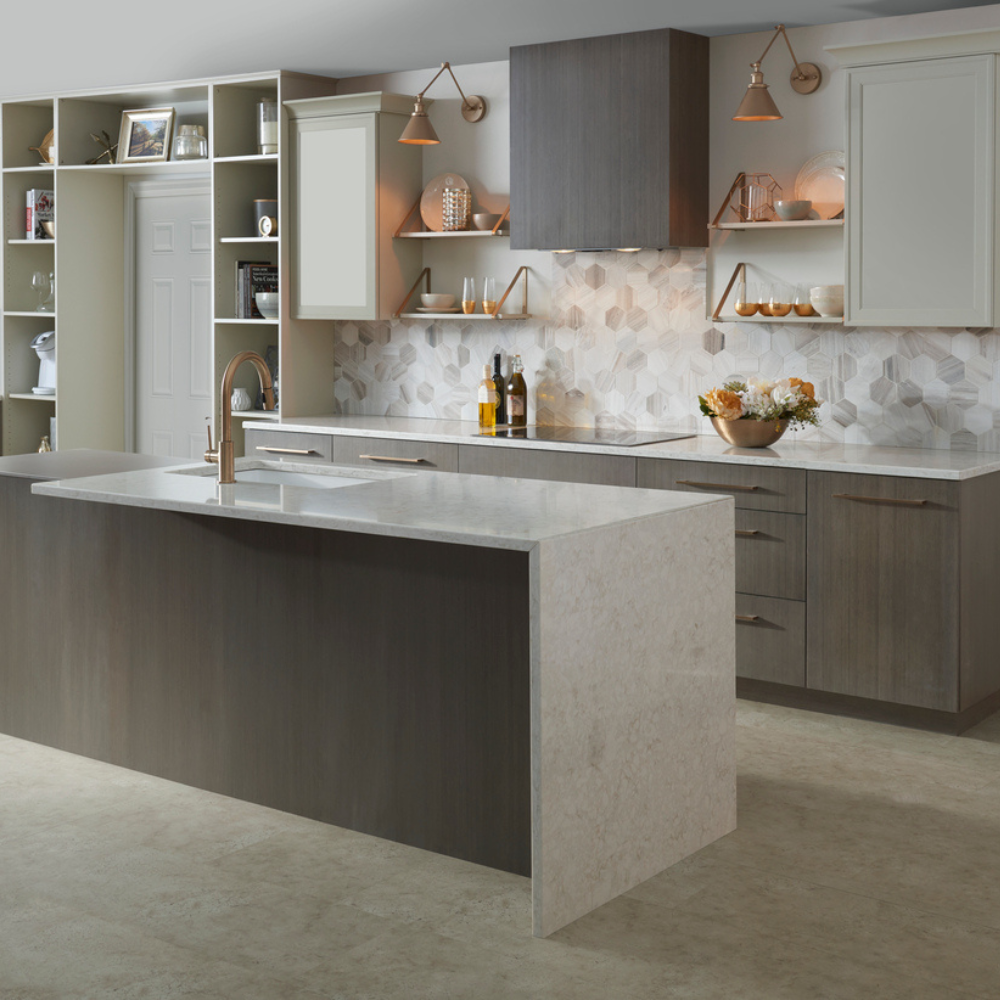 Waterfall countertops at a bar display