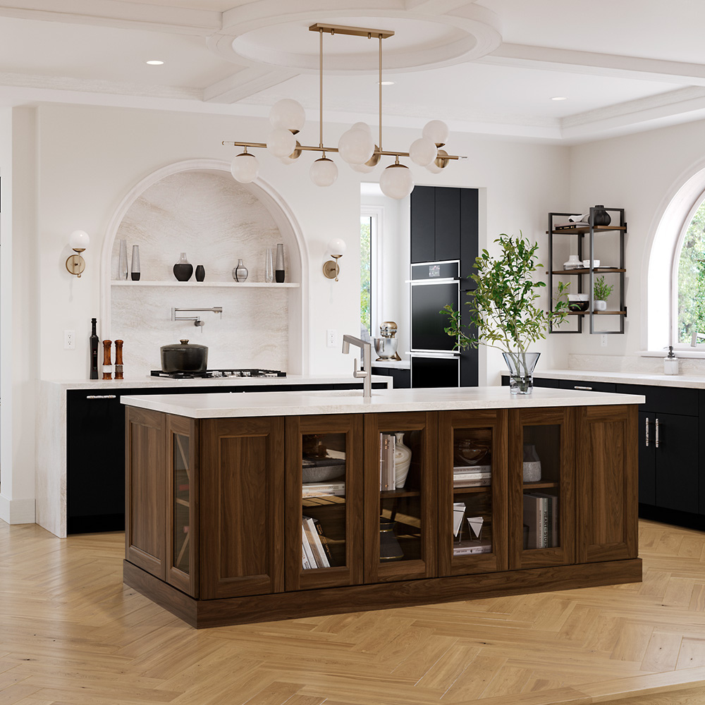 herringbone flooring in a kitchen with custom cabinetry